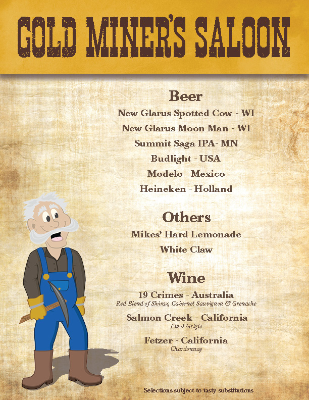 Gold Miner Saloon Beer and Wine List